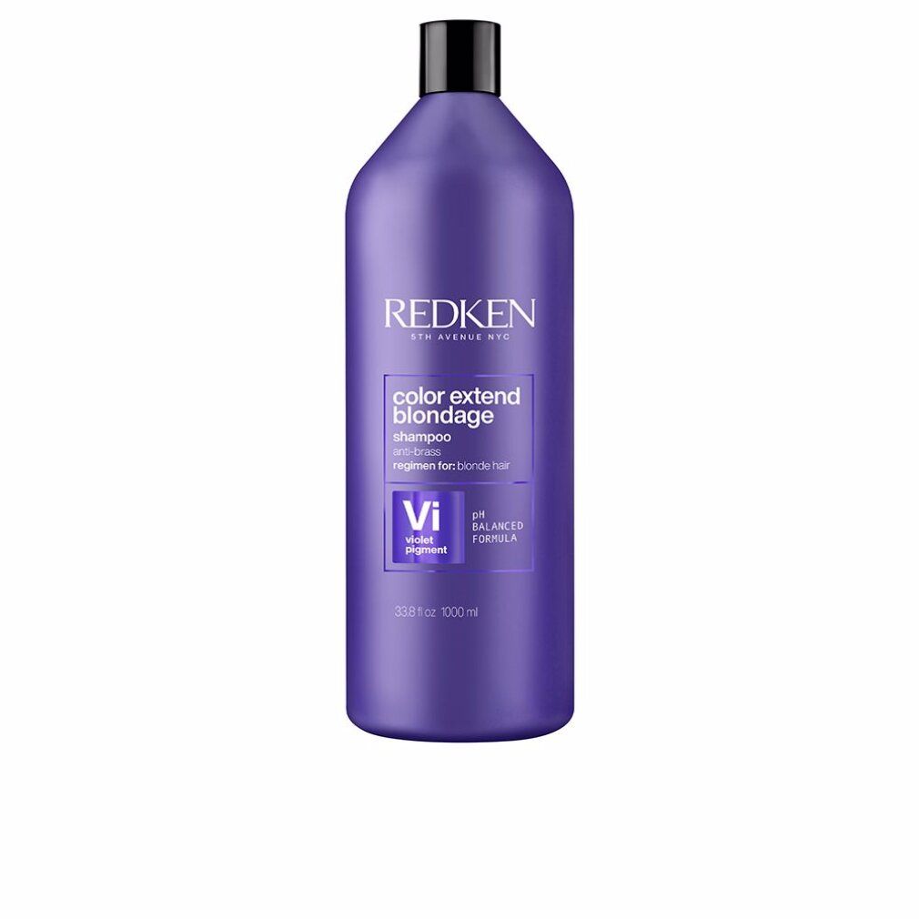 Shampoo viola Redken. Bottiglia con tappo nero. Scritta: Color Extend Blondage. Formula pH bilanciata.