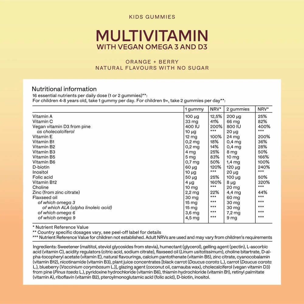 Flacone di caramelle gommose multivitaminiche per bambini, arancioni e rosse, con tabella nutrizionale e ingredienti.