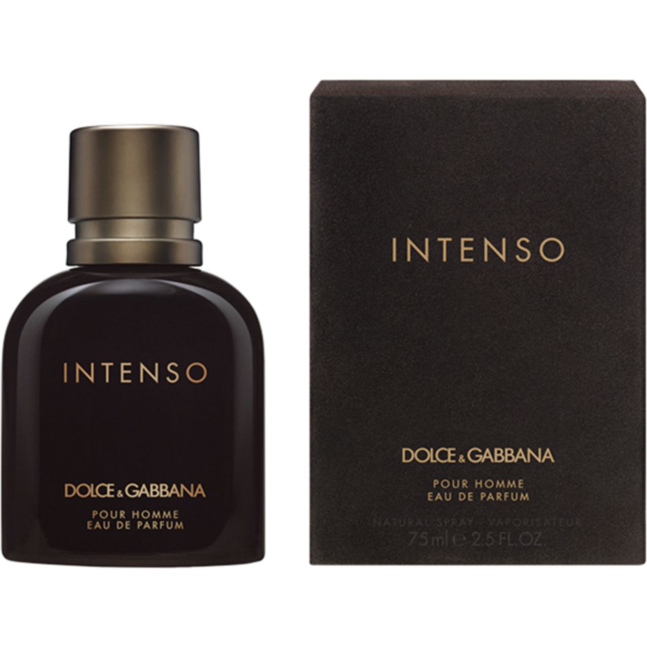 Flacone e confezione marrone scuro. Scritta INTENSO, Dolce & Gabbana, Pour Homme Eau de Parfum. 75ml 2.5 FL.OZ.