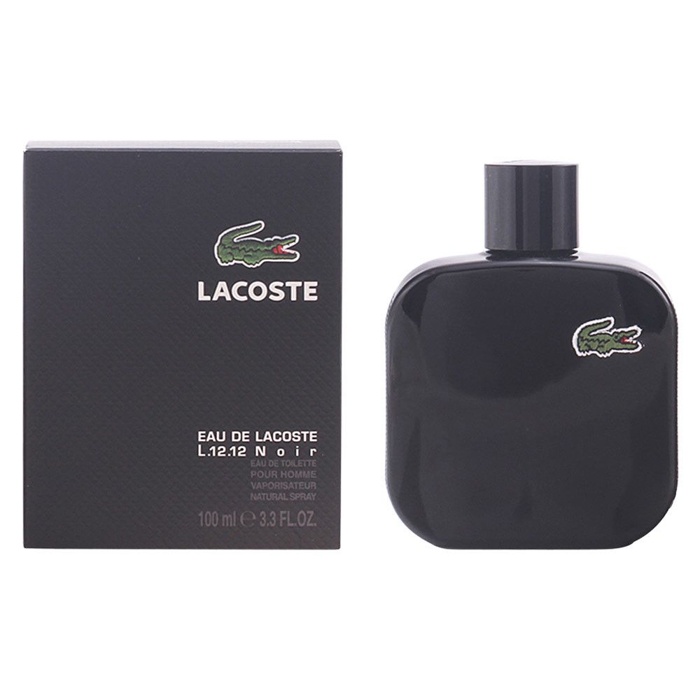 Flacone e scatola neri. Logo coccodrillo verde su flacone e scatola. Scritta "Lacoste L.12.12 Noir" sulla scatola.