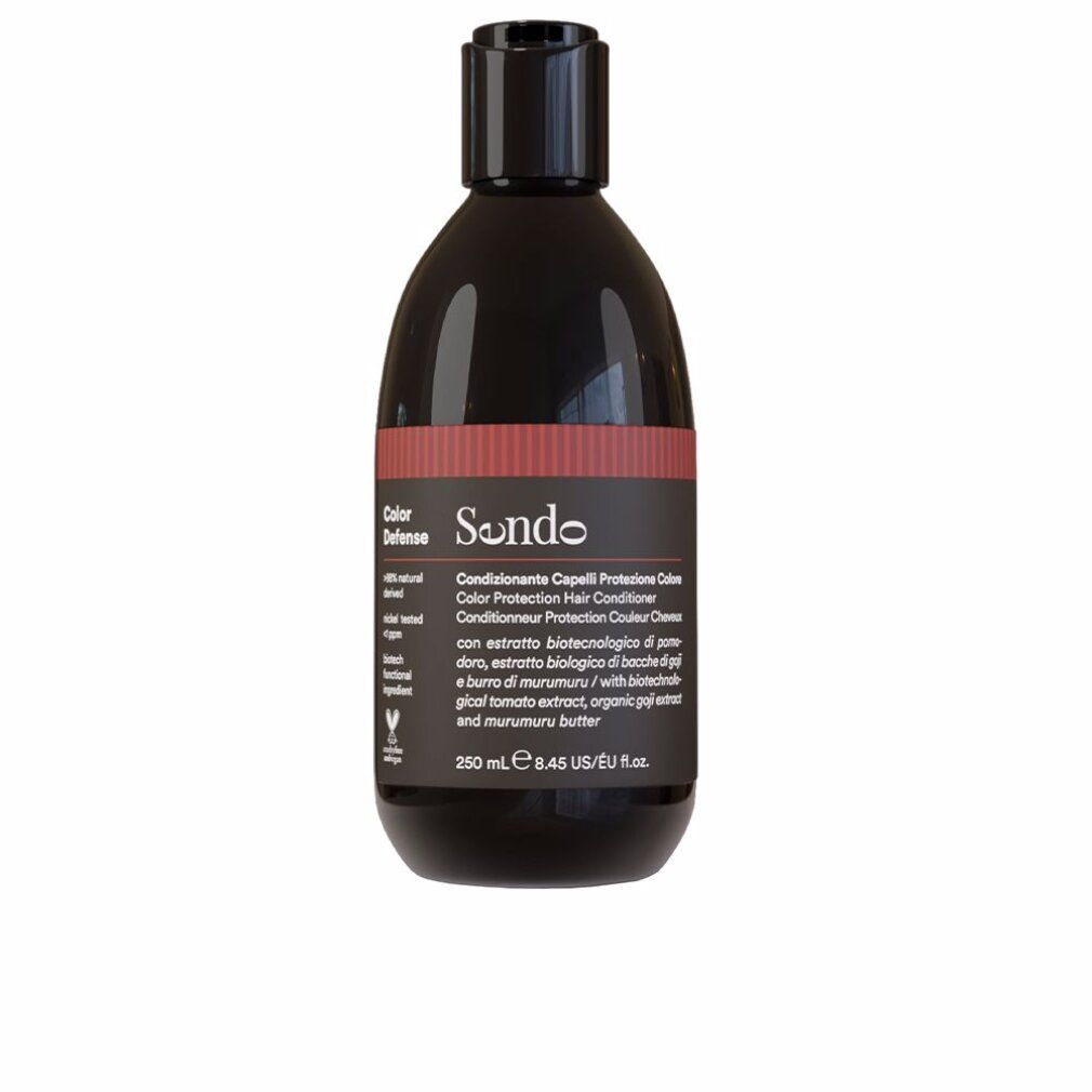 Flacone scuro con tappo nero. Striscia rossa con testo. Scritta: Sendo Color Defense Conditioner. Sigillo vegano.