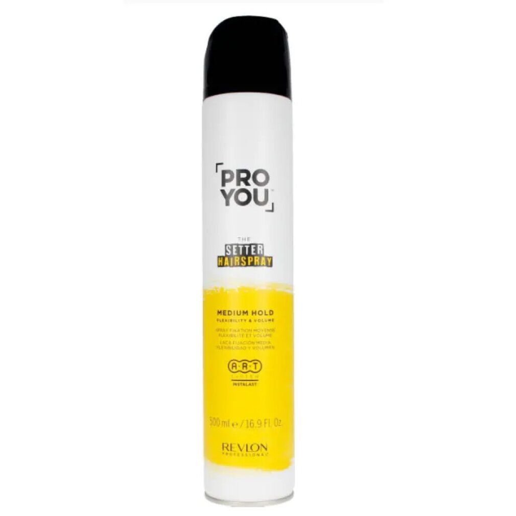 Bomboletta spray per capelli. Bianco, giallo e nero. Scritta: PRO YOU, SETTER HAIRSPRAY, MEDIUM HOLD. Marca: Revlon.
