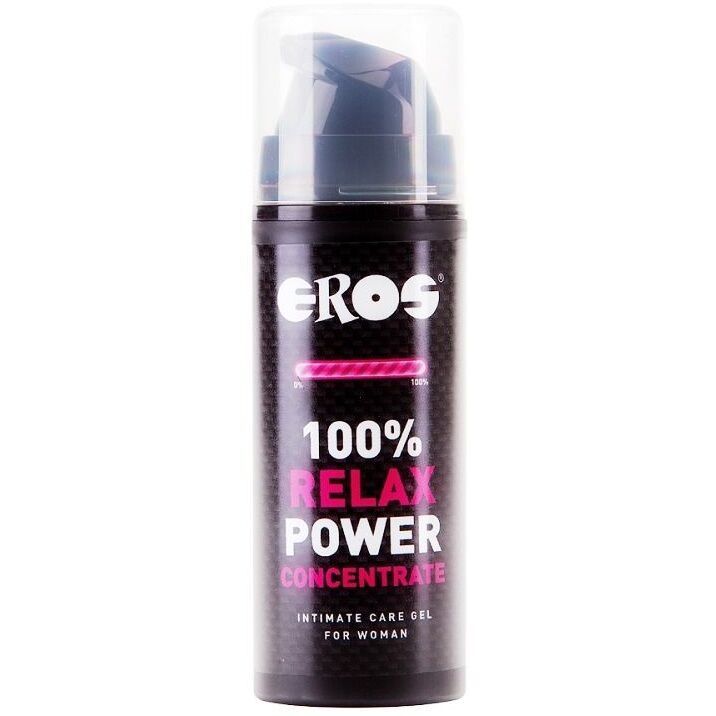 Eros 100% Relax Power Concentrate Gel per la cura intima femminile in flacone con erogatore nero.