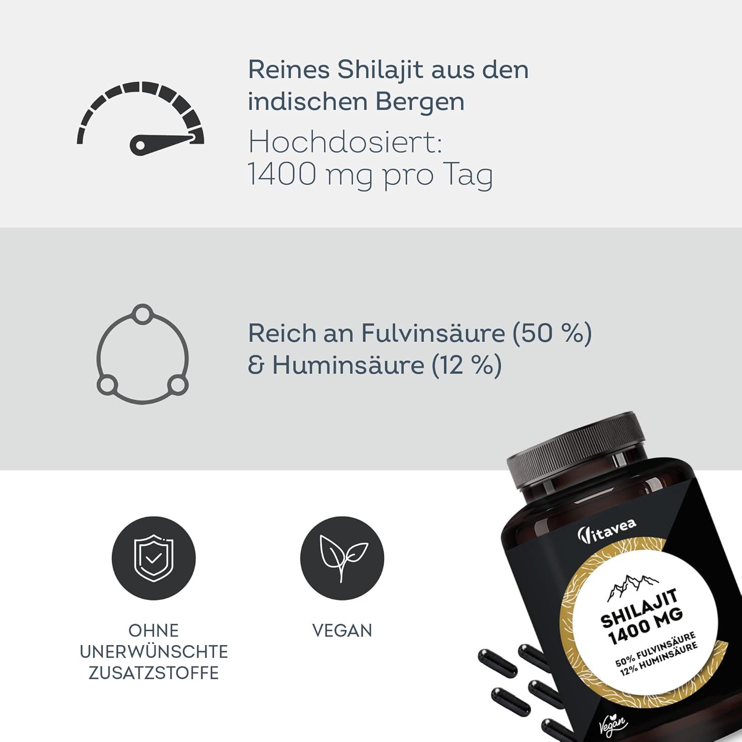 Flacone marrone con capsule nere. Scritta: Vitavea Shilajit 1400 MG. Contiene acido fulvico e umico. Vegano.