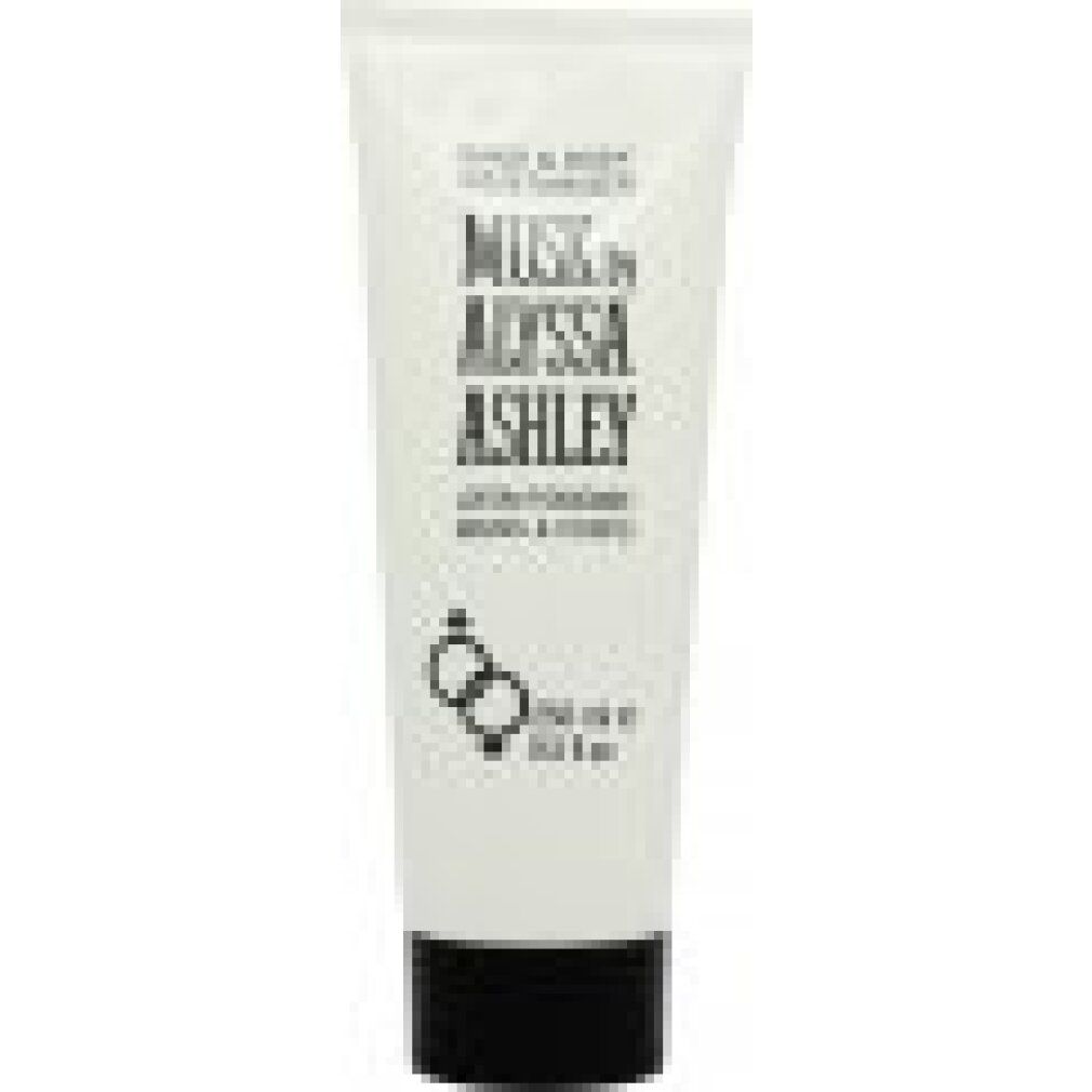 Tubo bianco con tappo nero. Scritta: Musk by Alyssa Ashley, Lotion hydratante mains & corps. 250 ml.