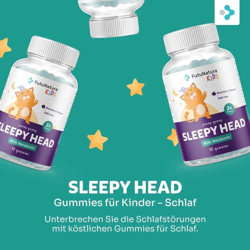 Più flaconi di Sleepy Head Gummies. Scritta: Melatonina, 30 caramelle gommose. Stelle sullo sfondo.