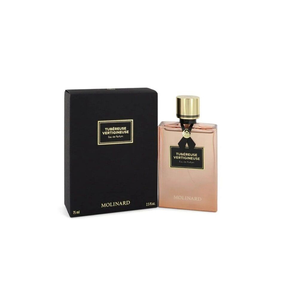 Flacone di profumo accanto a scatola nera. Flacone rettangolare, tappo dorato. Scritta: TUBÉREUSE VERTIGINEUSE Eau de Parfum, MOLINARD.
