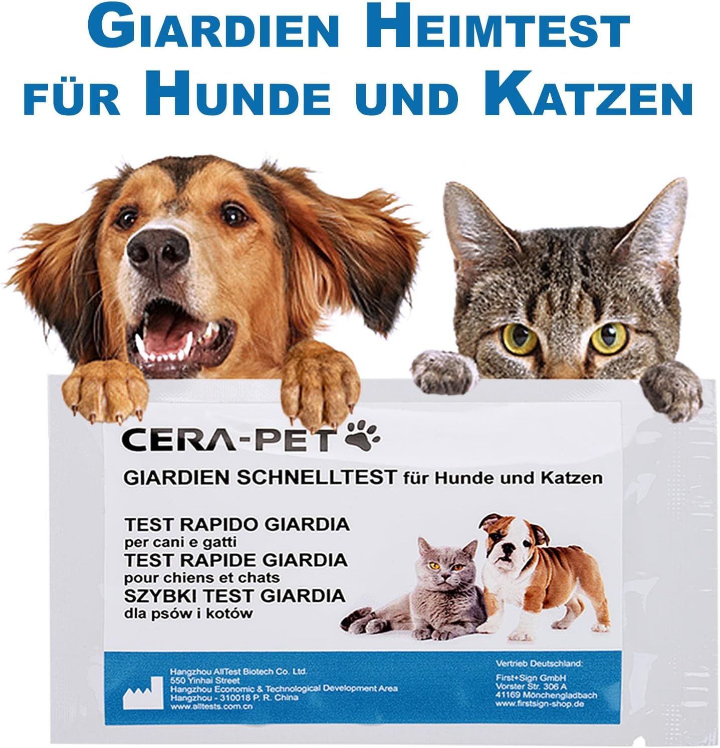 Test rapido Giardia Cera-Pet per cani e gatti. Confezione con testo multilingue e immagini di animali. Marchio e dettagli di contatto visibili.