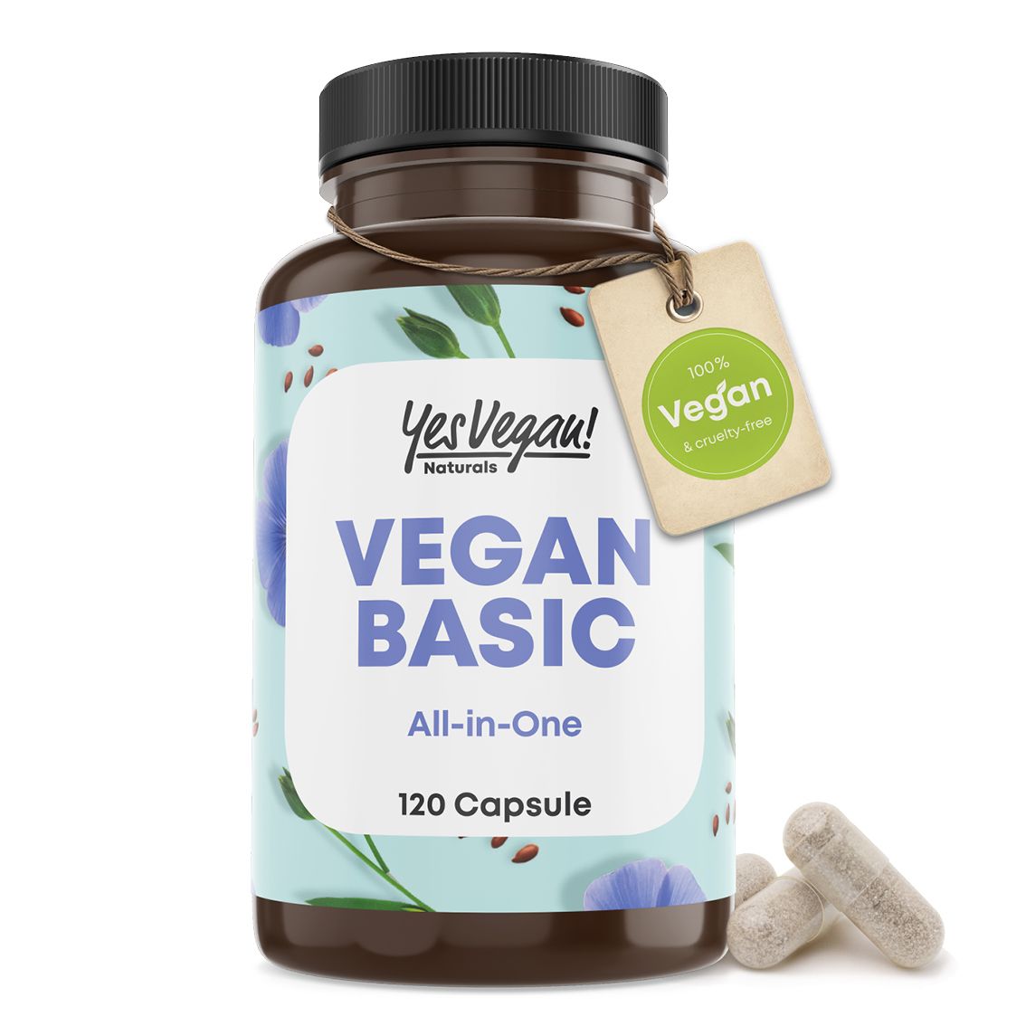 Flacone Yes Vegan! Naturals Vegan Basic All-in-One Multivitaminici con recensione cliente e donna con bicchiere d'acqua.