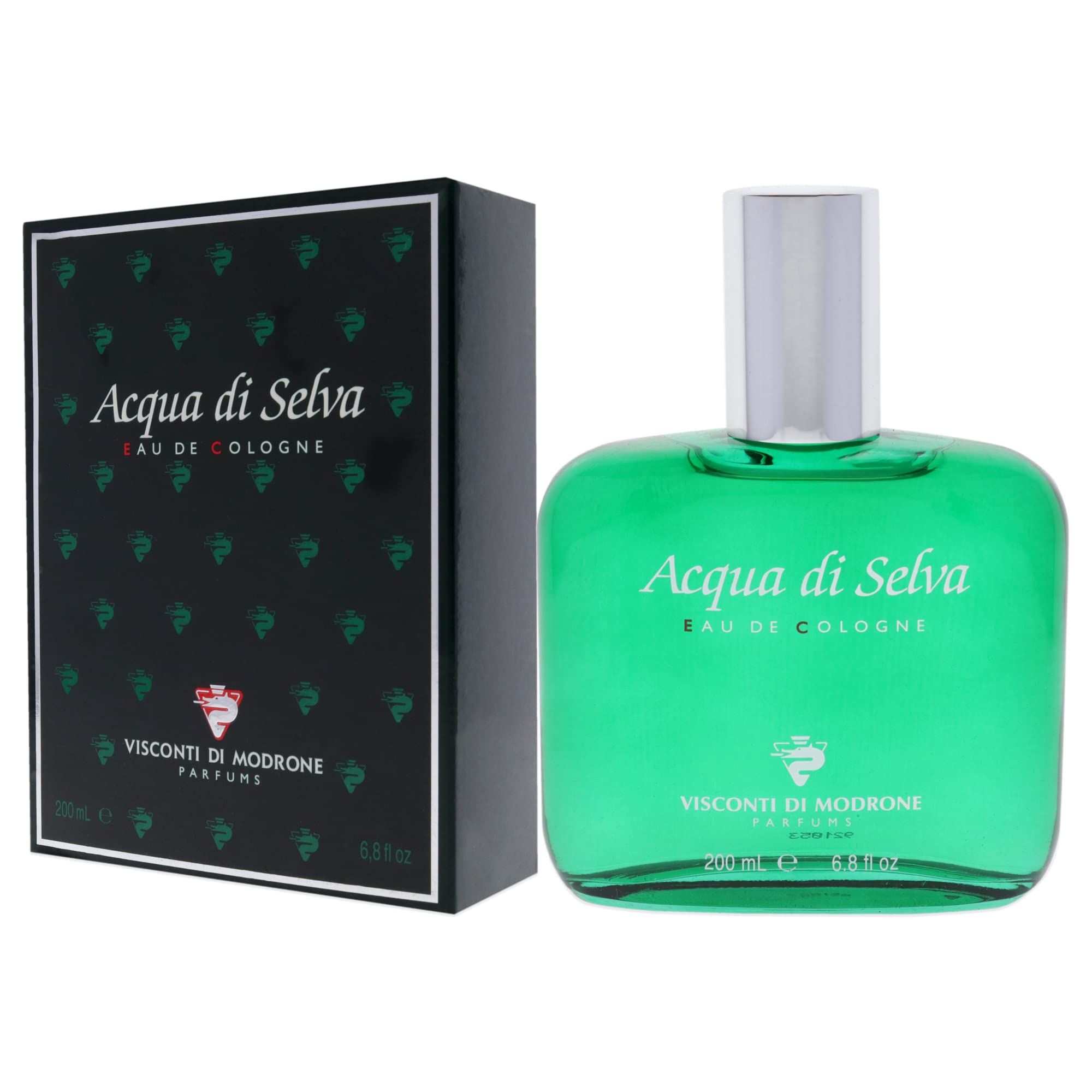 Flacone in vetro verde e scatola con testo Acqua di Selva Eau de Cologne. Logo e testo Visconti di Modrone Parfums.