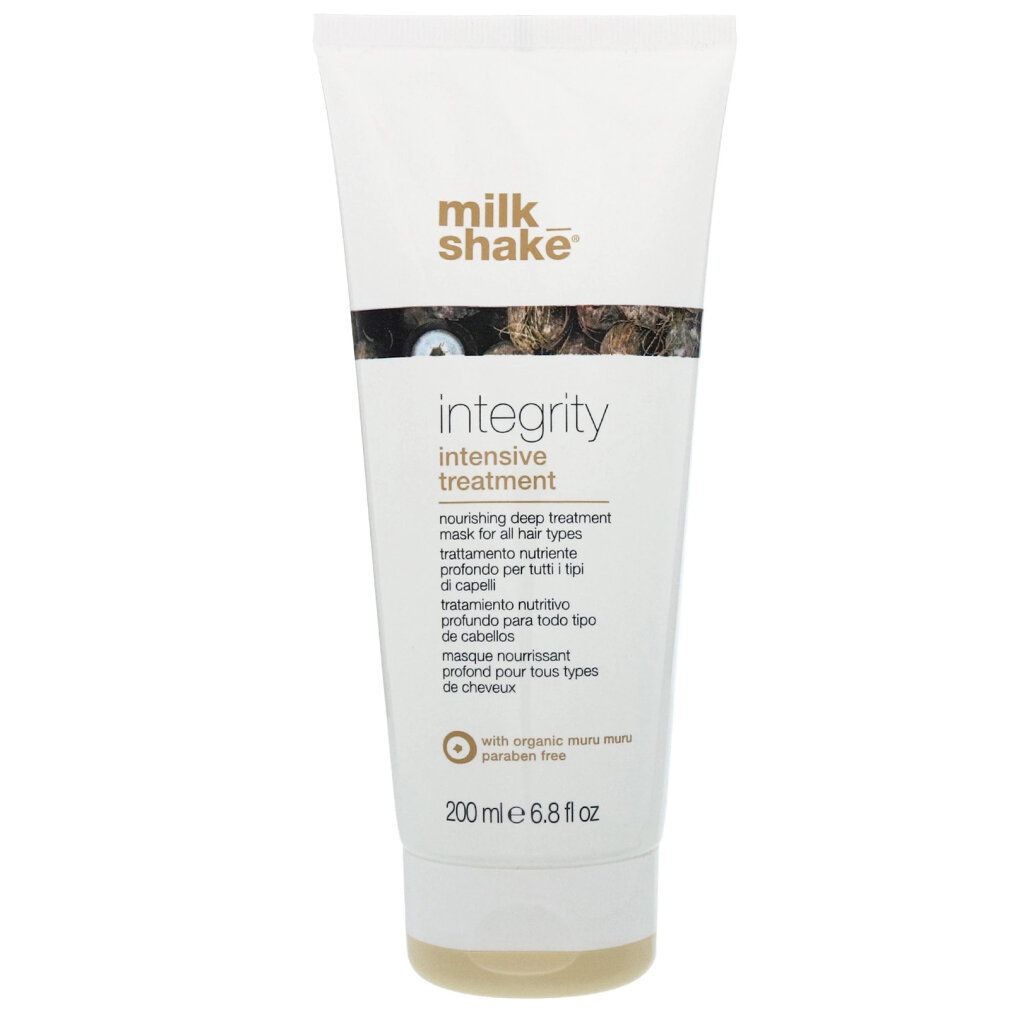 Tubo bianco-beige. Scritta: milk shake, integrity, intensive treatment. Testo multilingue. 200 ml.