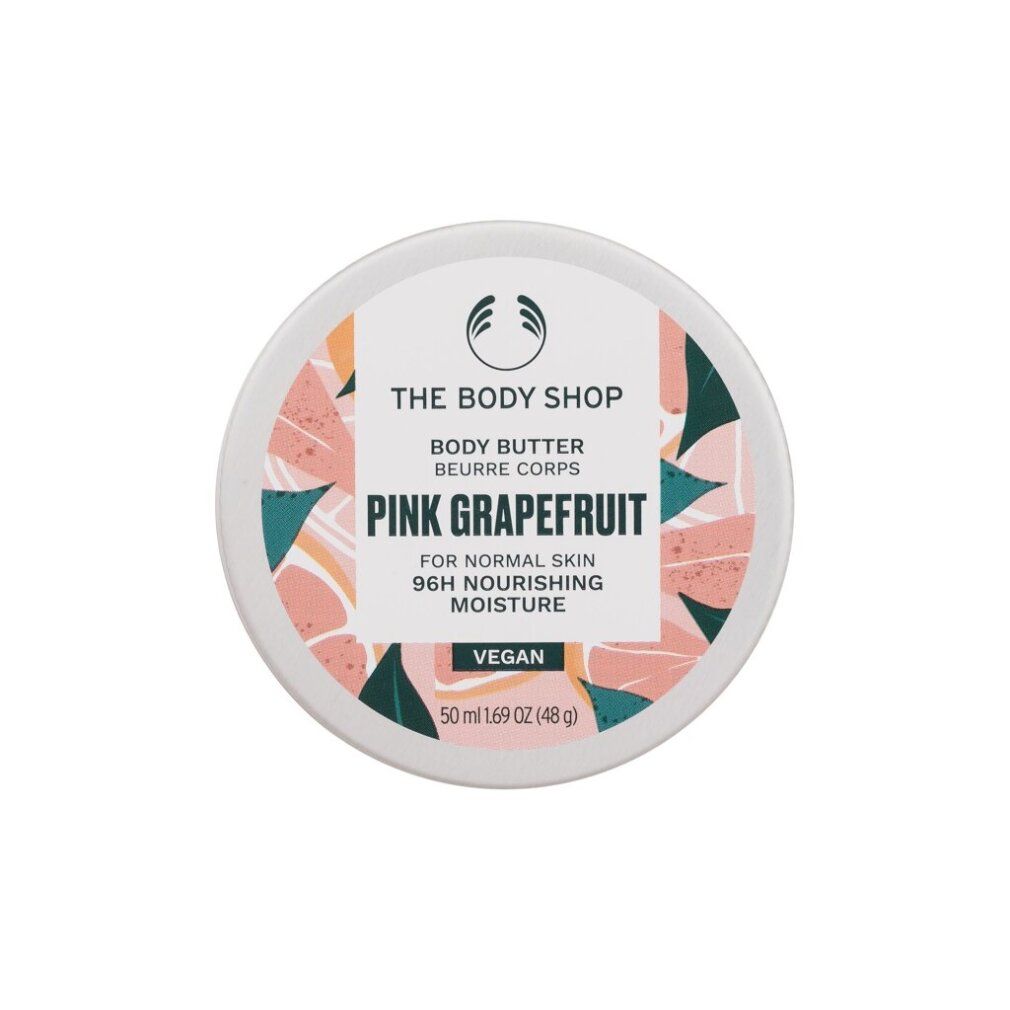 Contenitore rotondo con coperchio. Scritta: Pink Grapefruit Body Butter, per pelli normali, 96H idratazione. Logo vegano.
