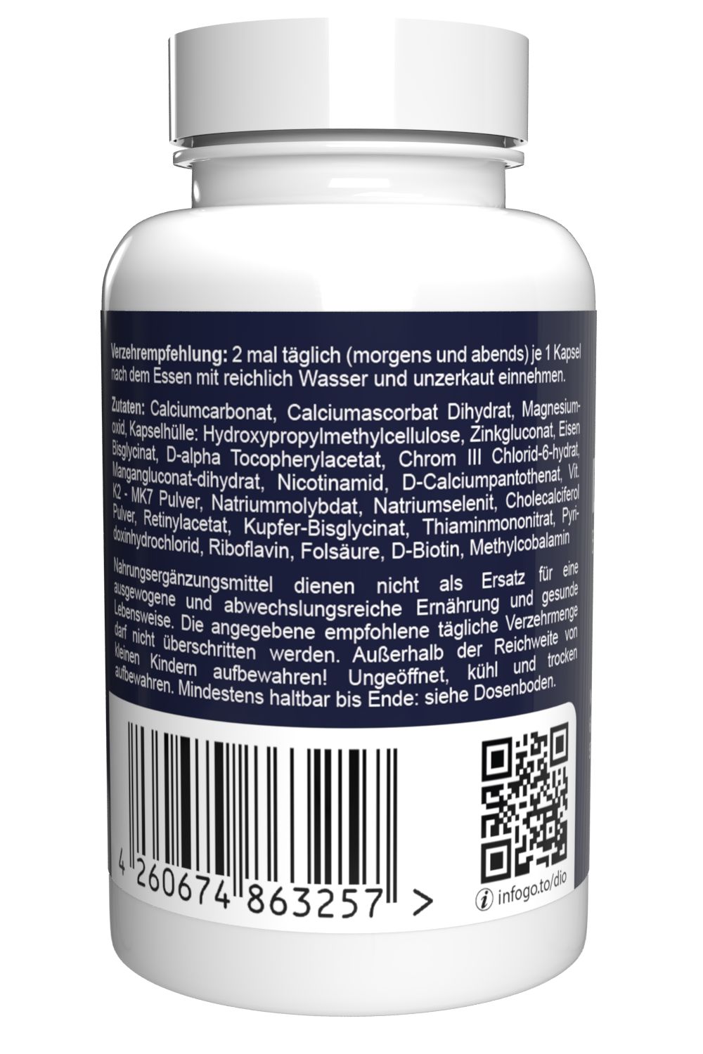 Flacone bianco di capsule con etichetta blu. Contiene informazioni sugli ingredienti e raccomandazioni. Codice a barre e QR code.
