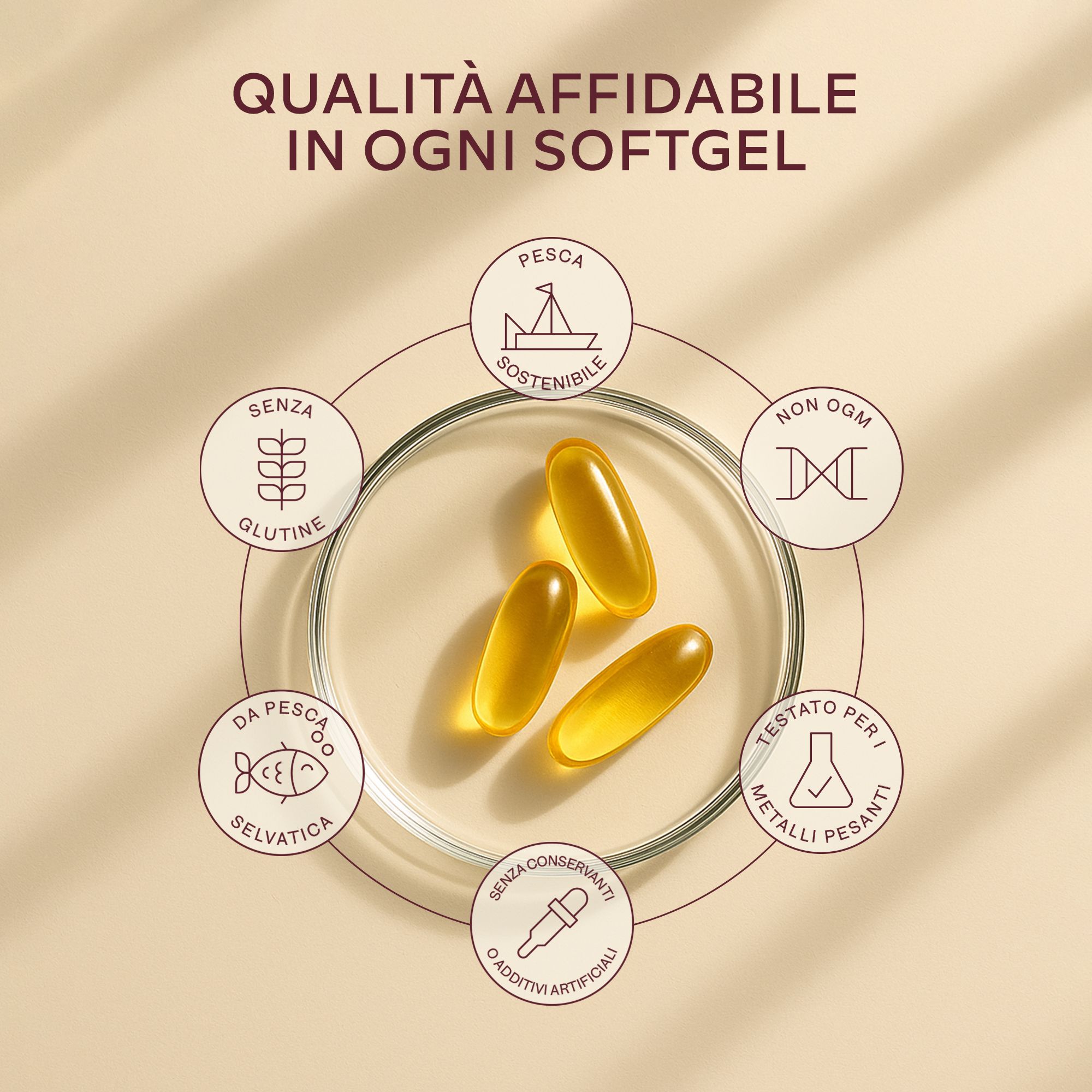 Grafico con icone e softgels di Omega-3. Icone di qualità e sostenibilità.