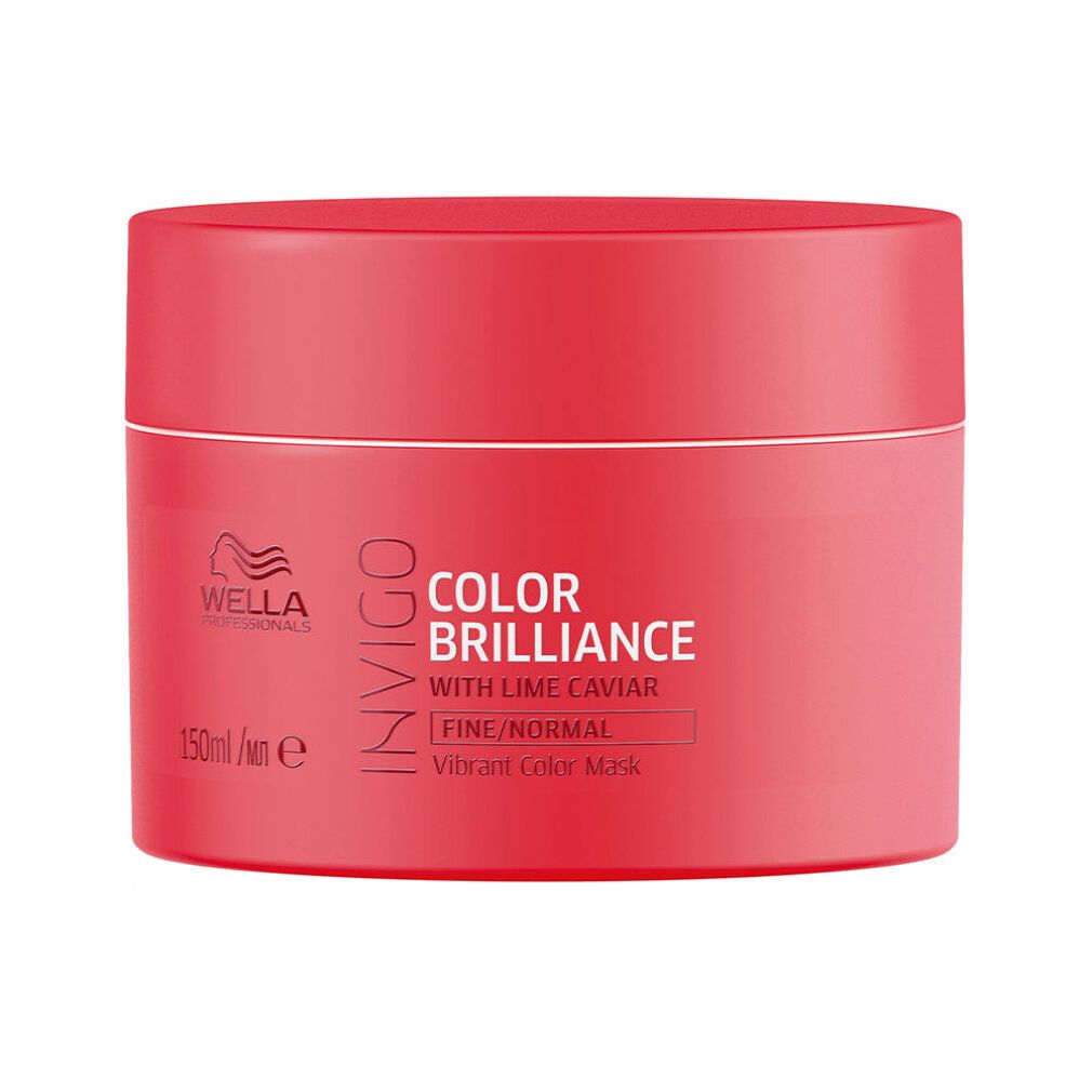 Vaso rosso con scritta bianca: INVIGO COLOR BRILLIANCE. Con caviale di lime. Per capelli fini/normali.