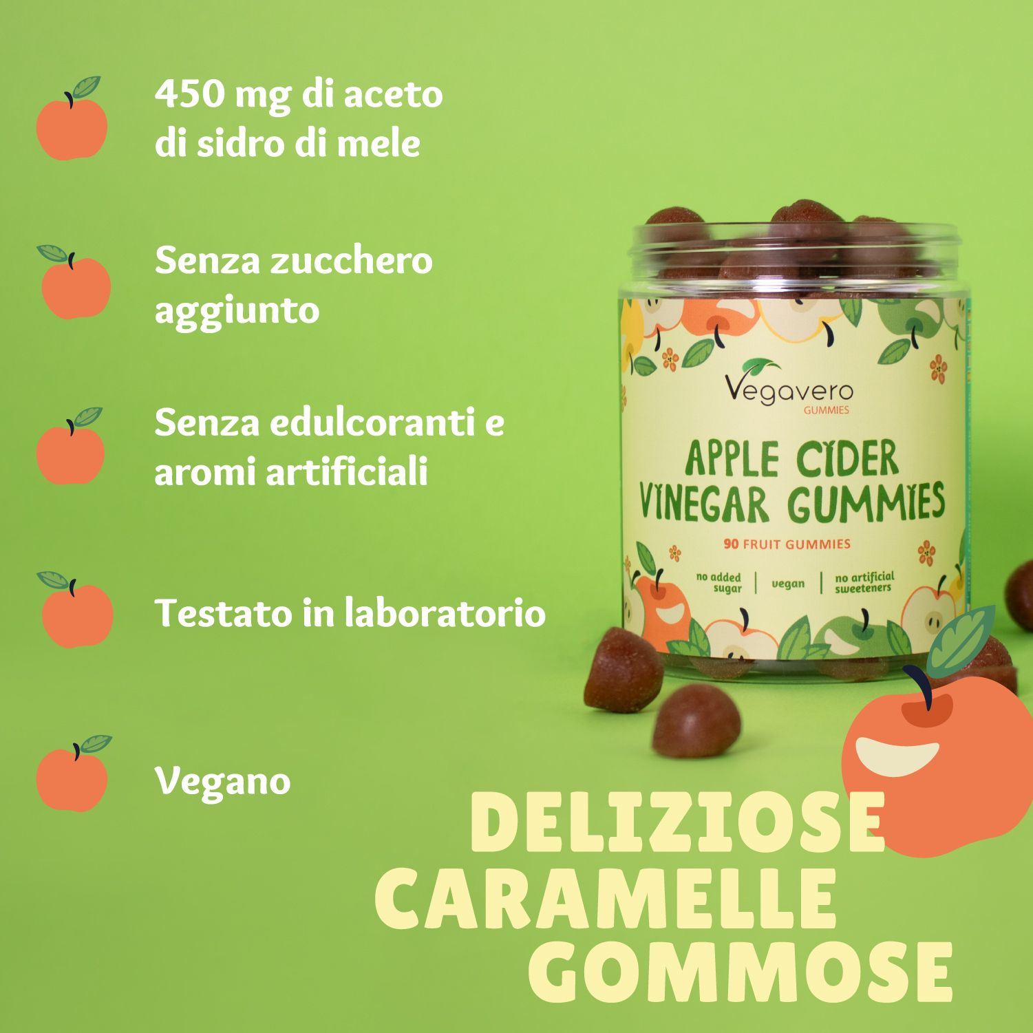 Vegavaro Apple Cider Vinegar Gummies. Barattolo di caramelle gommose alla frutta e testo. Informazioni aggiuntive: 450 mg di aceto di sidro di mele, senza zucchero, senza aromi artificiali.