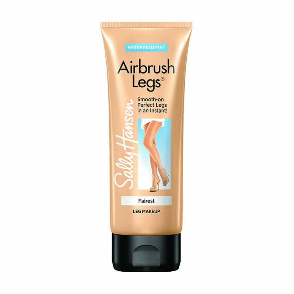 Tubo Sally Hansen Airbrush Legs, tonalità Fairest. Immagine di gambe. Tappo nero, tubo beige.