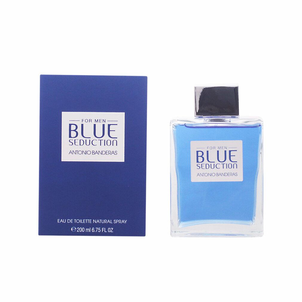 Scatola blu e flacone. Scritta "BLUE SEDUCTION FOR MEN" e "ANTONIO BANDERAS". Flacone con liquido blu.