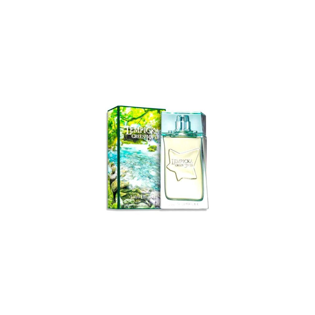 Flacone e confezione. Flacone: rettangolare, verde. Confezione: verde, motivo paesaggistico. Scritta: LEMPICKA GREEN LOVER.
