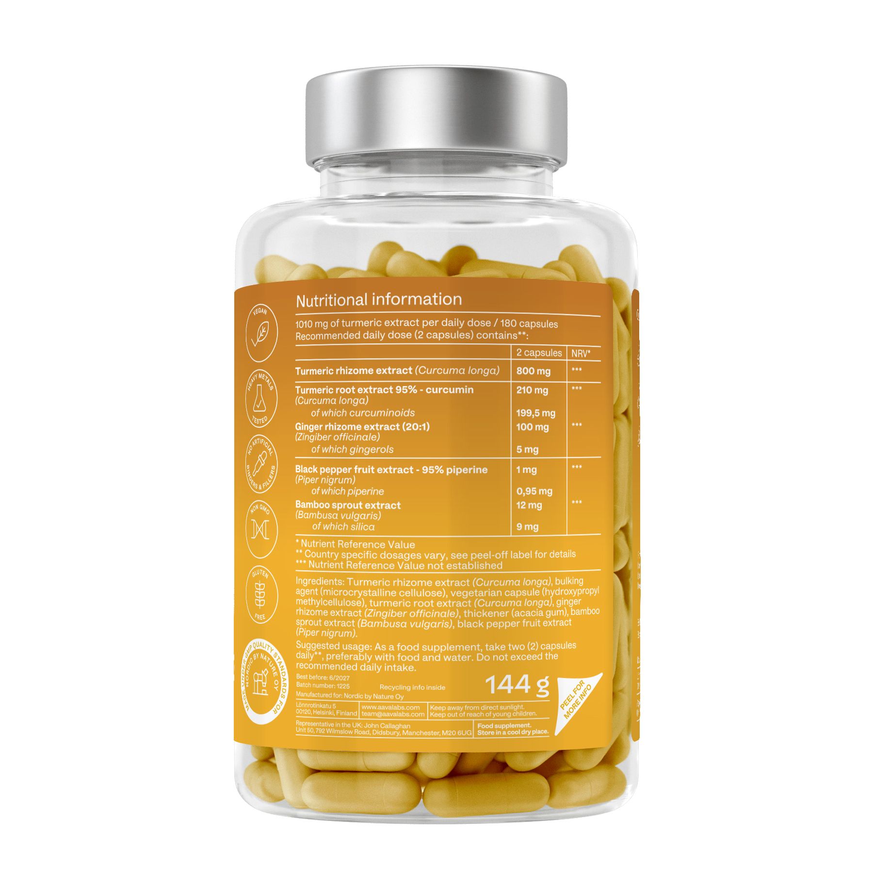 Retro del flacone di capsule. Informazioni nutrizionali. Scritta: curcuma, zenzero, piperina. 144g. Contiene 180 capsule.