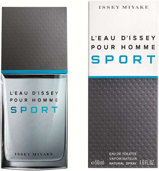 Flacone e confezione L'Eau d'Issey Pour Homme Sport. Flacone con fascia blu e tappo grigio. Confezione con logo e nome del prodotto.