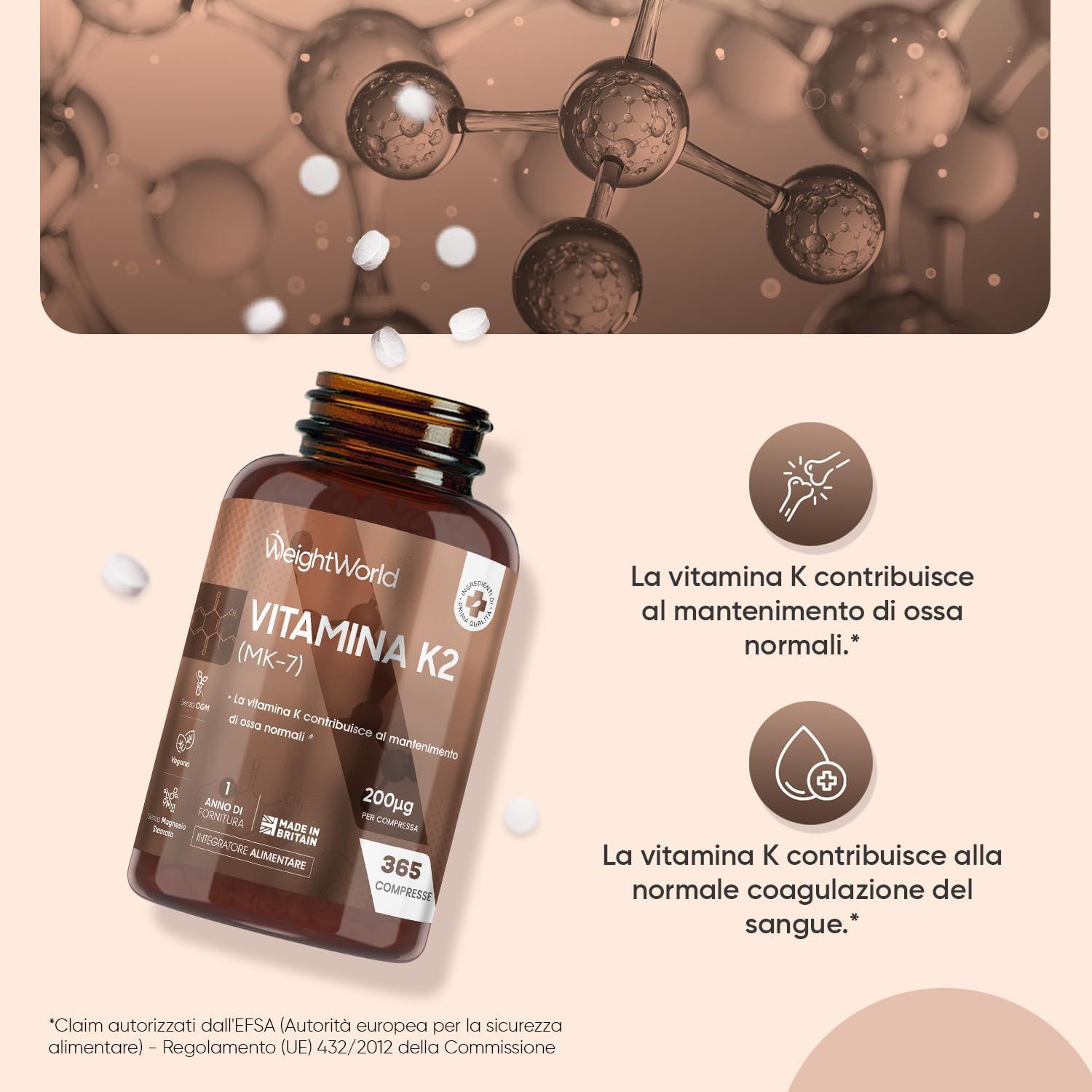 Flacone di compresse. Testo: Vitamina K2 (MK-7). 365 compresse. 200µg. Testo: La vitamina K contribuisce al mantenimento di ossa normali.