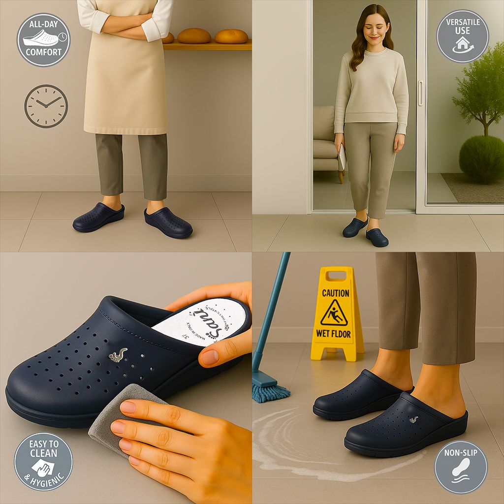 Collage di persone che indossano zoccoli blu. Ambienti diversi: cucina, ufficio, pavimento bagnato. Testo: « All-day Comfort » e « Non-Slip ».