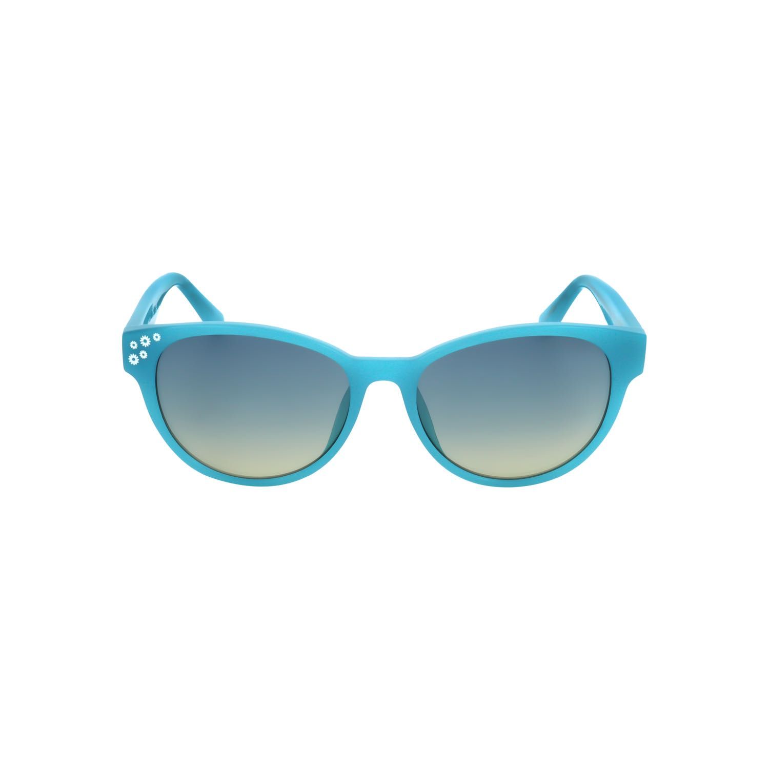 Occhiali da sole turchesi a forma di occhio di gatto, con discreti ornamenti sulle stanghette.