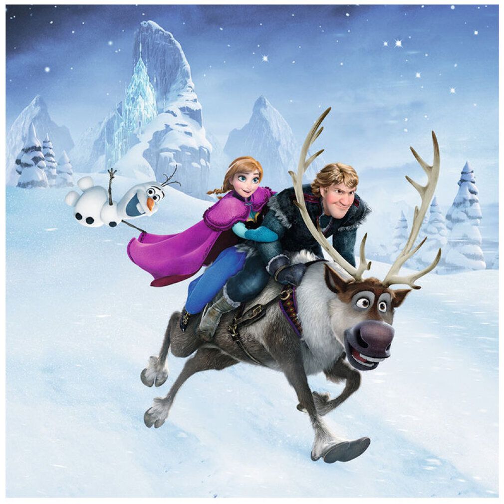 Illustrazione di Anna e Kristoff su una renna. Paesaggio innevato. È visibile anche Olaf, l'omino di neve.