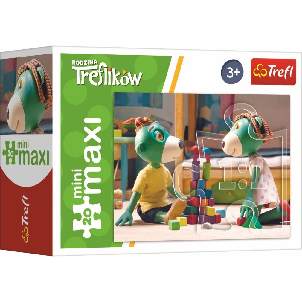 Scatola di Puzzle Treflings: Zusammenfalten 20 pezzi. Immagine di due figure verdi con blocchi. Logo Trefl e testo.