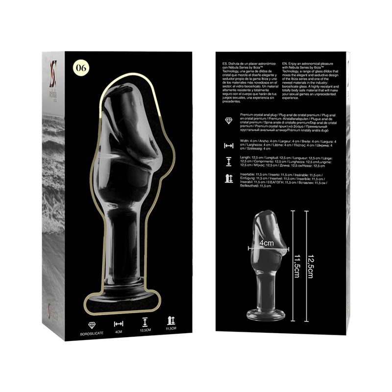 Spina anale in vetro borosilicato, lunga 12,5 cm, larga 4 cm.