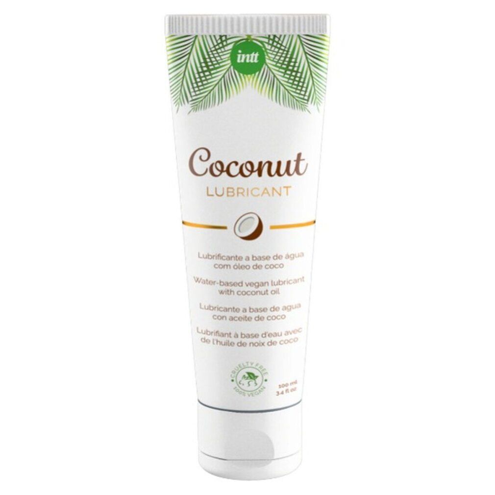 Tubo bianco-verde con "Coconut Lubricant". Illustrazione di cocco. Testo multilingue.