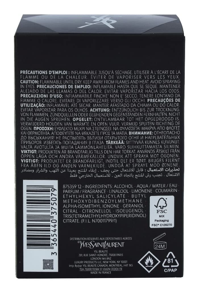 Retro di una confezione nera con testo. Contiene ingredienti, avvertenze, simboli di riciclaggio e il marchio YSL.