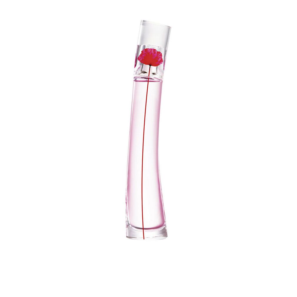 Flacone di profumo con fiore rosso. Flacone in vetro con liquido rosa. Fiore rosso sul tappo. Forma slanciata e curva.