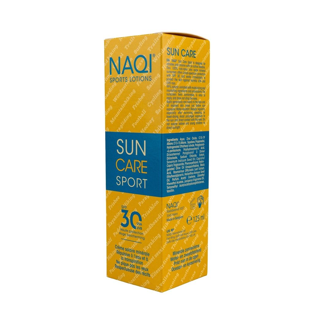 NAQI Sun Care Sport Protezione solare SPF 30 flacone e scatola.