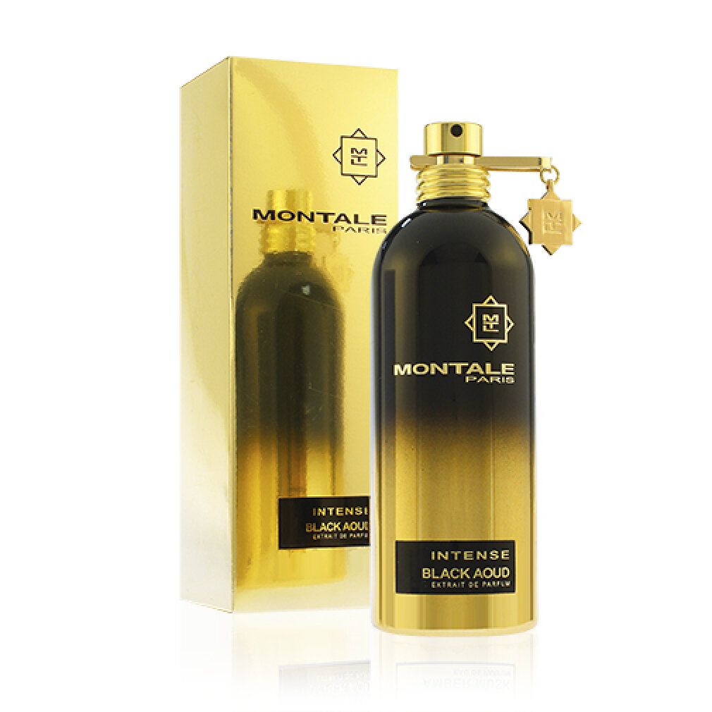 Flacone nero e oro, con scatola dorata. Scritta: Montale Paris, Intense Black Aoud. Flacone con tappo e pendente dorati.