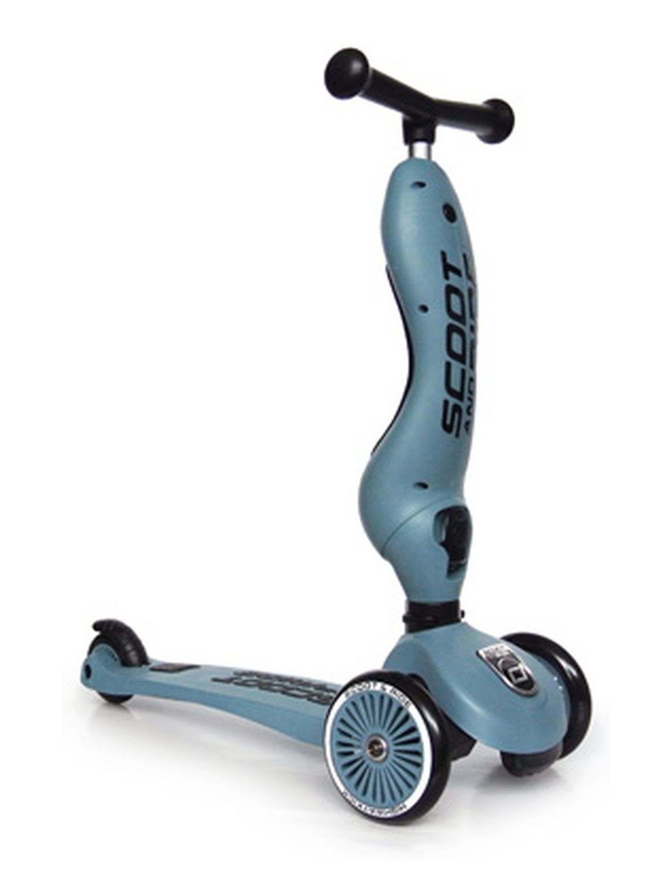 Monopattino blu per bambini con sedile e manubrio.