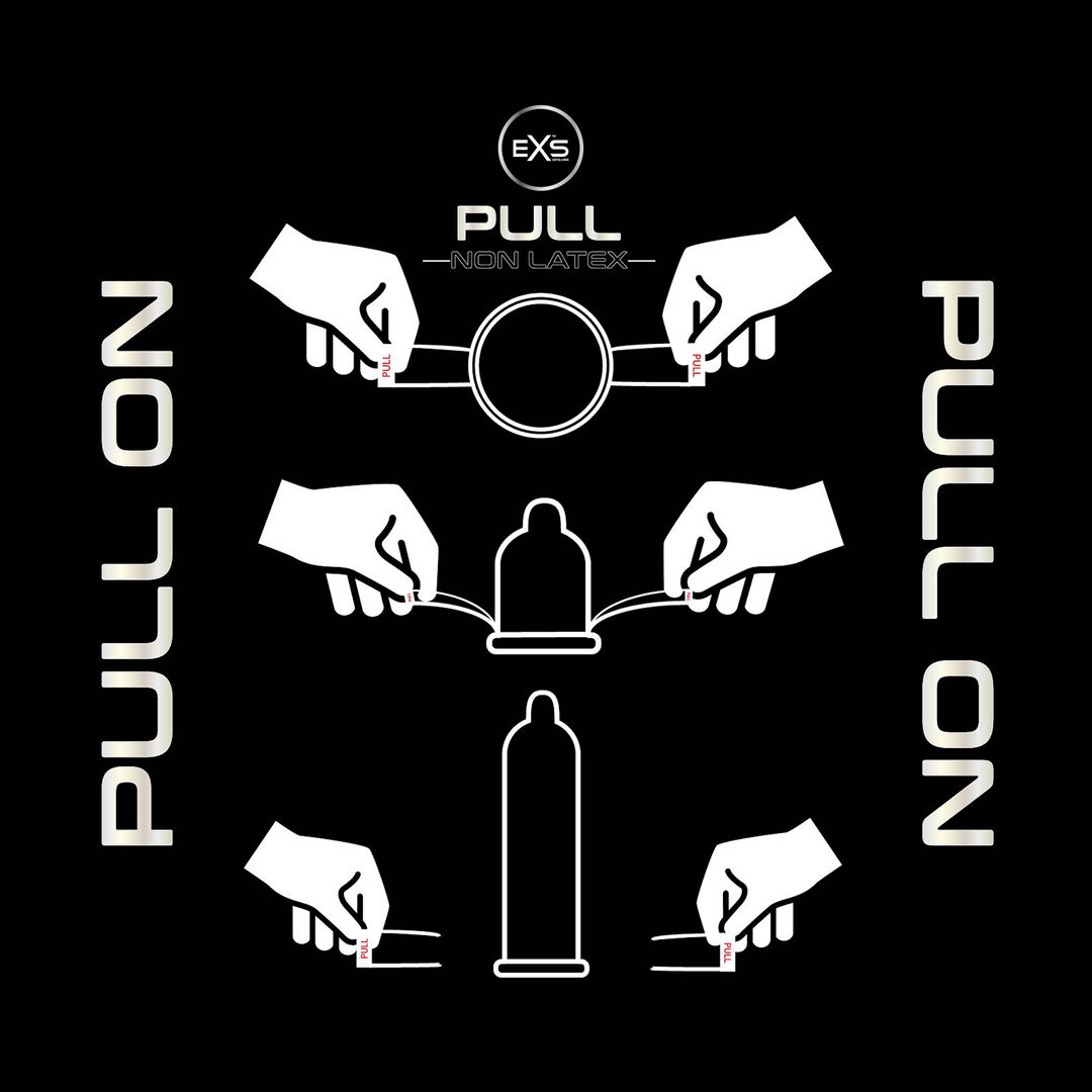 Illustrazione grafica dell'uso. Mani che tirano un preservativo. Testo: "PULL ON - NON LATEX".