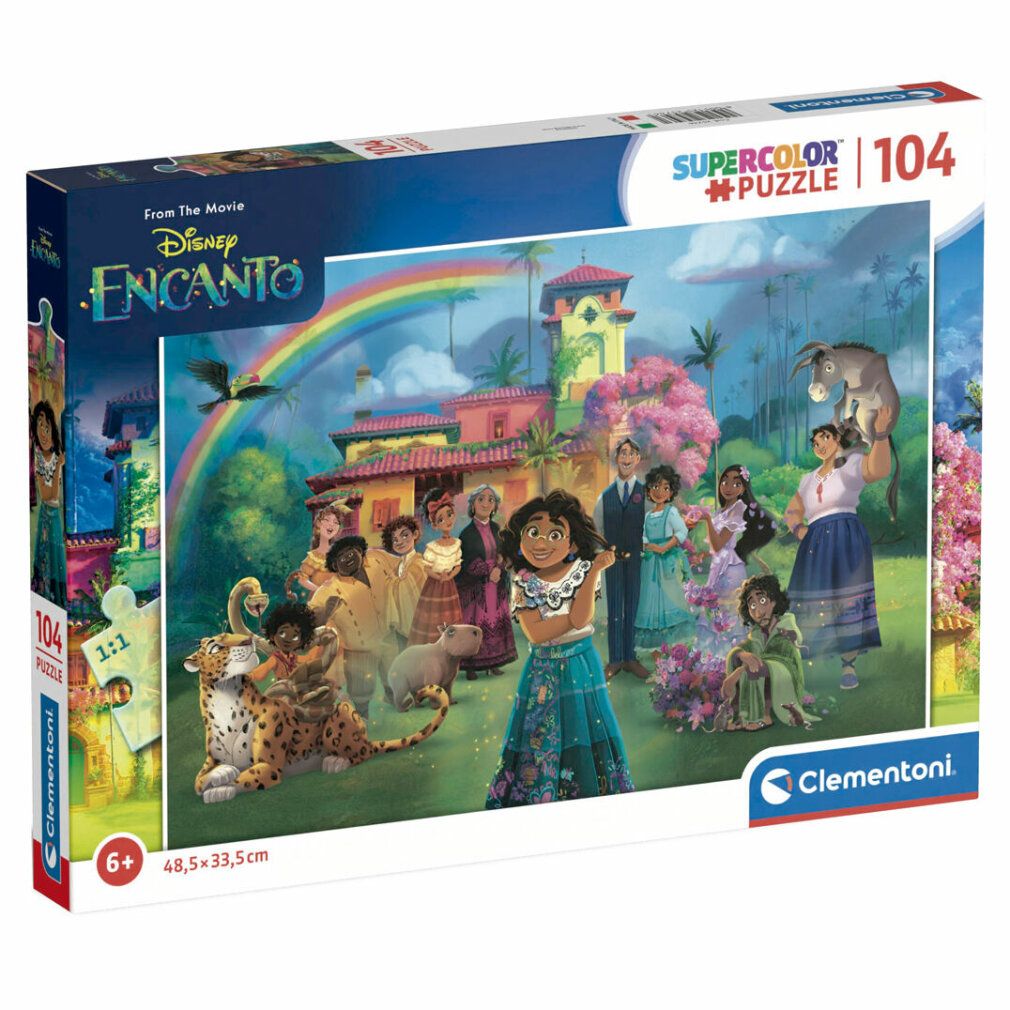 Clementoni Puzzle Disney: Encanto, 104 pezzi. Confezione con immagine del puzzle. Logo e informazioni sul prodotto.