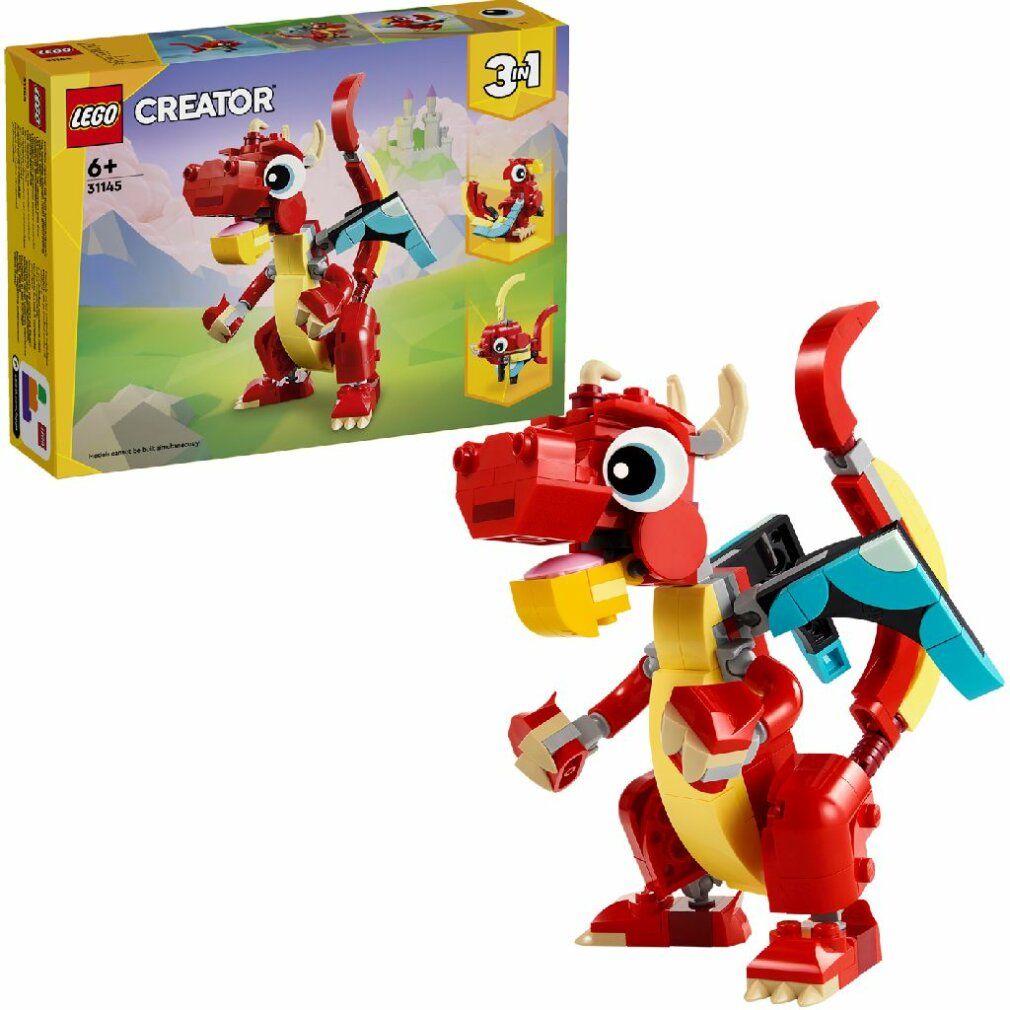 Drago LEGO rosso con pancia gialla e ali blu. Confezione con motivi 3 in 1.