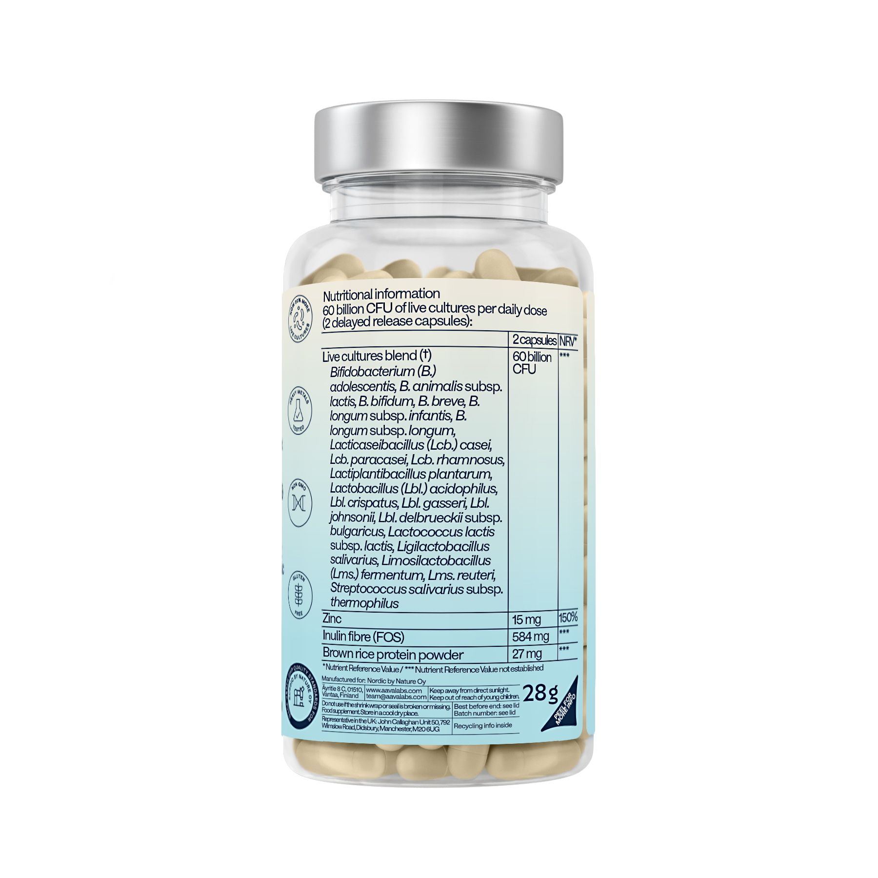 Flacone di capsule probiotiche, 28g, 60 capsule, AAVALABS PROBIOLAC.