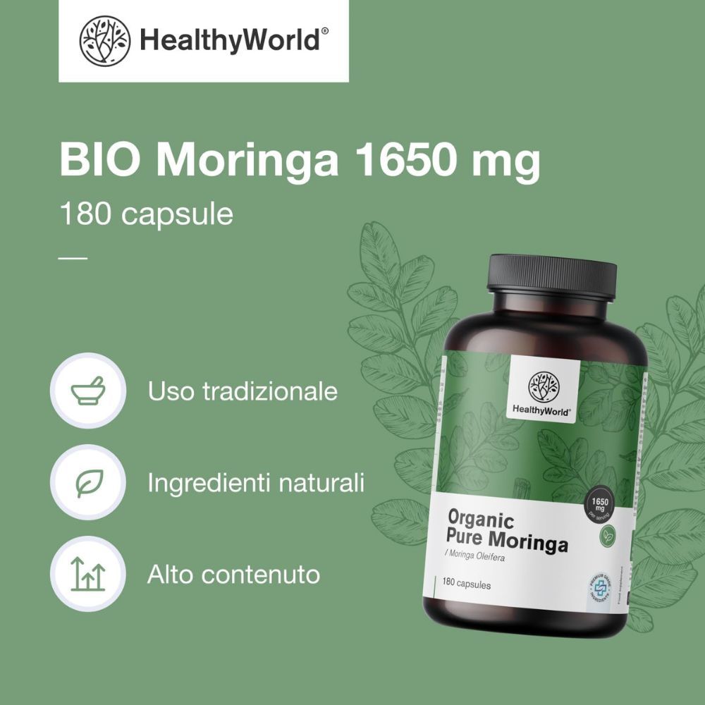 Testo con simboli e flacone: BIO Moringa 1650 mg, 180 capsule. Testo: Uso tradizionale, ingredienti naturali, alto contenuto.