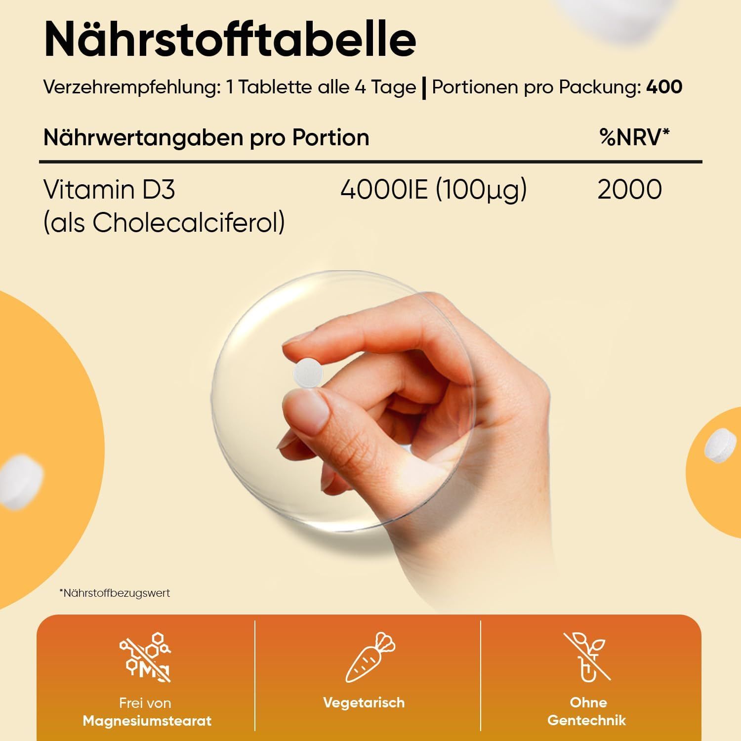 Tabella nutrizionale. Testo: Vitamina D3 4000UI (100µg).