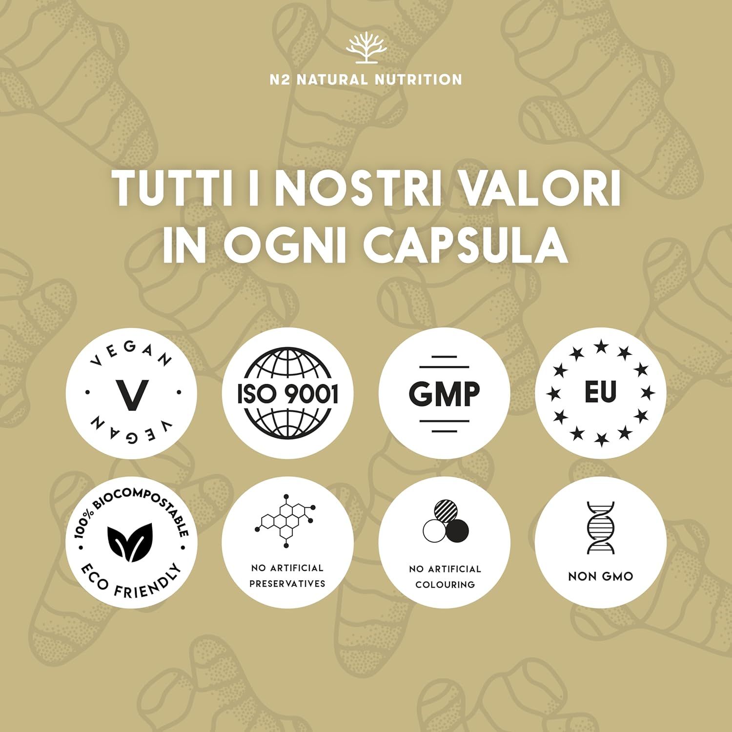 Diversi loghi: Vegan, ISO 9001, GMP, EU, 100% compostabile, Eco Friendly, senza conservanti artificiali, senza coloranti artificiali, non OGM.