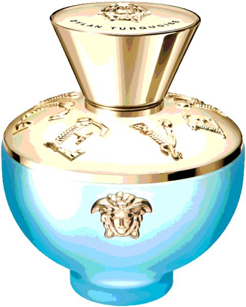 Flacone turchese con tappo dorato e logo. Flacone con decorazioni in rilievo.