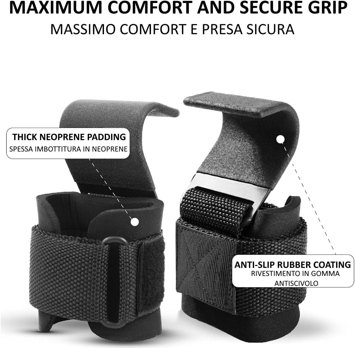 Due cinghie per sollevamento pesi nere. Testo: Massimo comfort e presa sicura, spessa imbottitura in neoprene, rivestimento in gomma antiscivolo.