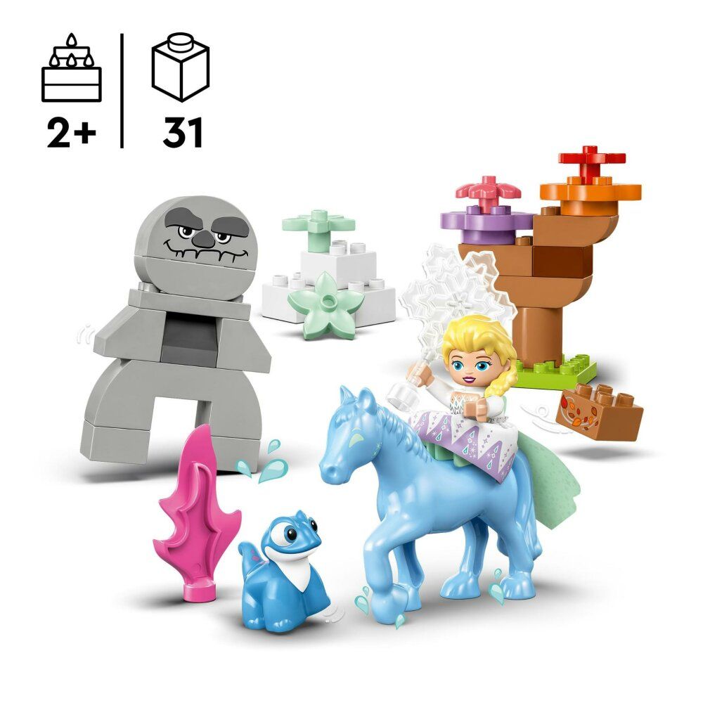 Set LEGO DUPLO con Elsa, Bruni, cavallo blu, rocce grigie, piante e altri elementi. Età consigliata 2+.