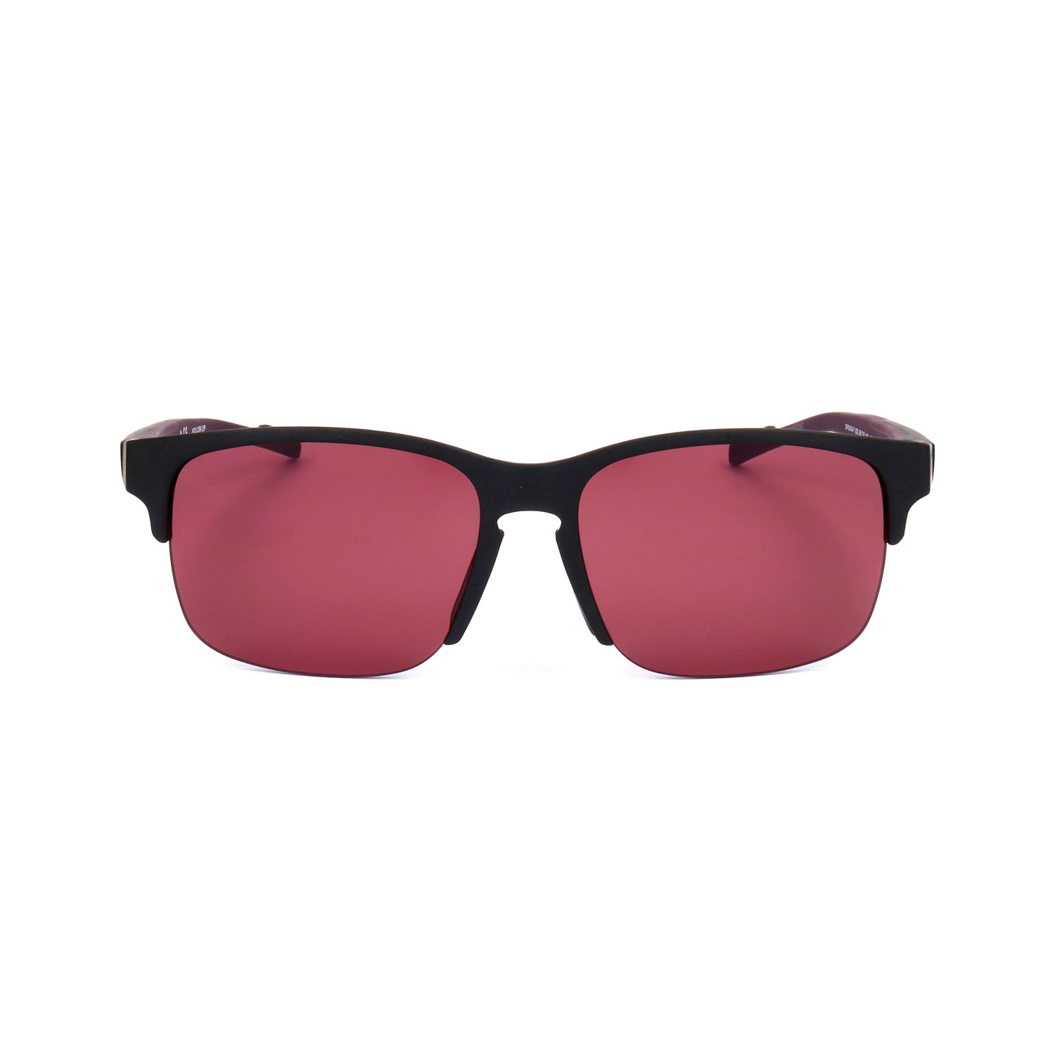 Occhiali da sole neri con lenti rosse e montatura nera.
