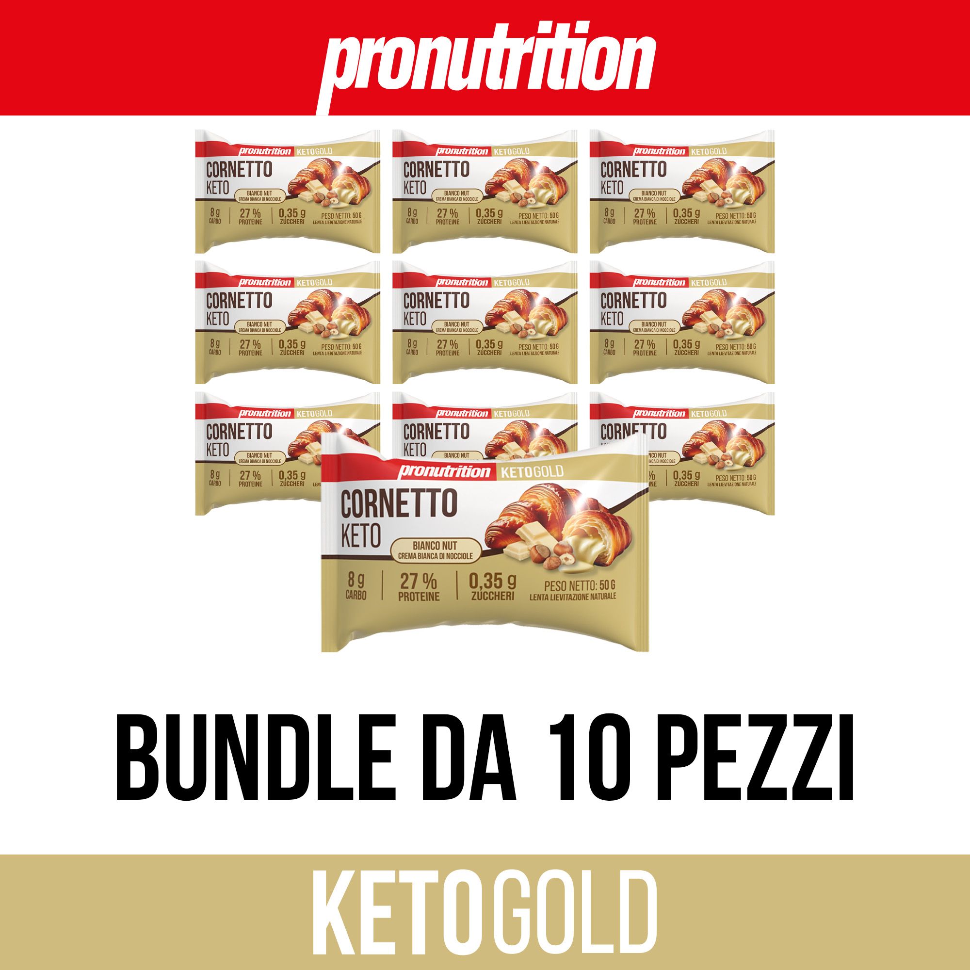 Pronutrition Cornetto Keto, confezione da 10. Barrette confezionate singolarmente, logo Keto Gold. Scritta: Bundle da 10 pezzi.