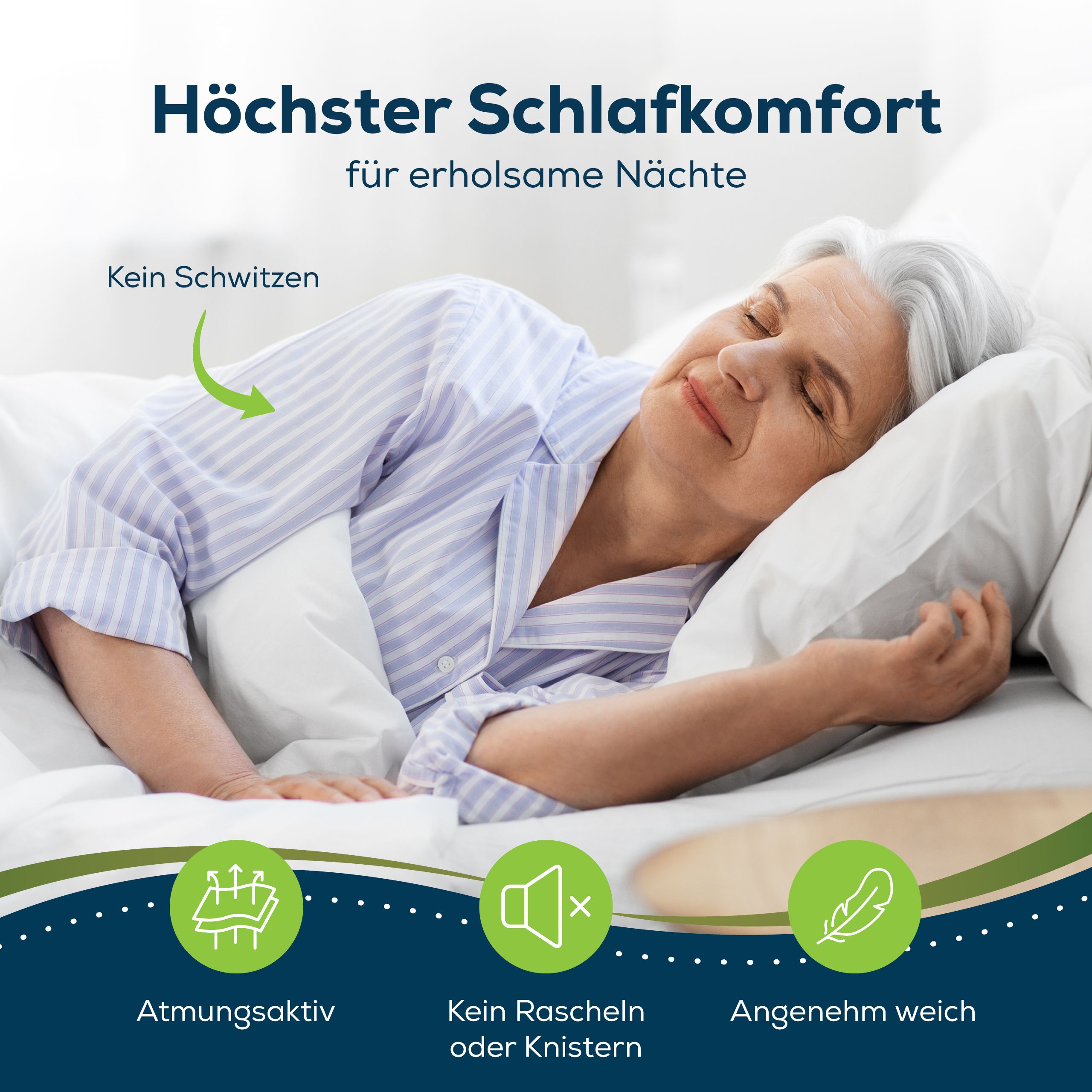 Donna che dorme su cuscino e materasso bianchi. Testo: Massimo comfort di sonno. Traspirante, silenzioso, morbido.